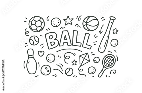 Cute doodle style illustration with large central word BALL