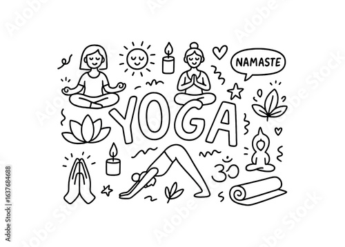 Cute doodle style illustration with large central word YOGA