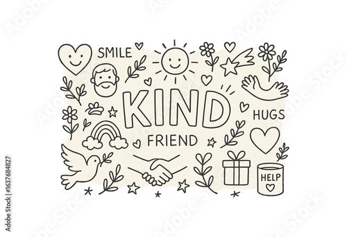 Cute doodle style illustration with large central word KIND
