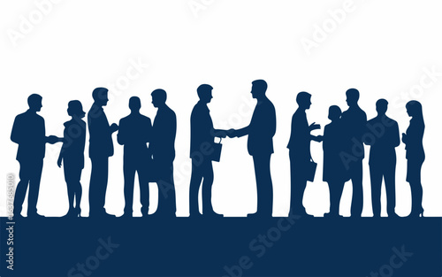 Diverse group of business professionals in a dark blue silhouette style engaged in conversation and handshakes against a clean white background representing collaboration and partnership silhouette
