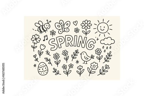 Cute doodle style illustration with large central word SPRING