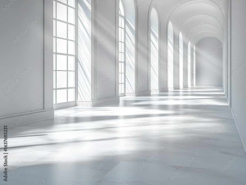 Obraz premium Bright White Arched Hallway with Sunlight Streaming Through Windows, Minimalist Interior Space, Clean Architectural Design, Spacious Corridor for Modern Backgrounds