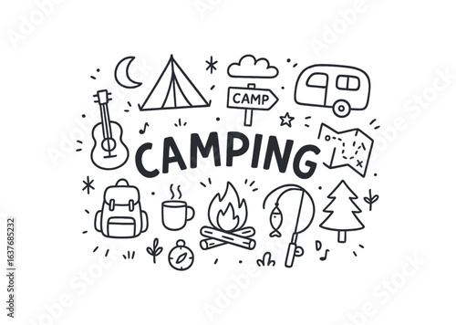 Cute doodle style illustration with large central word Camping