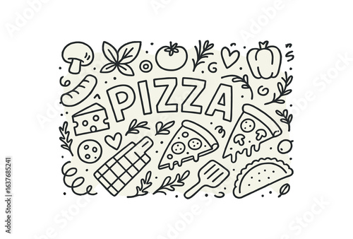 Cute doodle style illustration with large central word Pizza