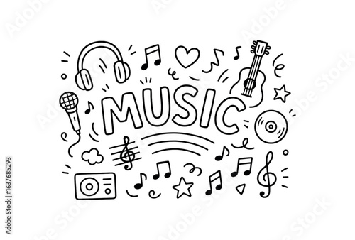 Cute doodle style illustration with large central word Music