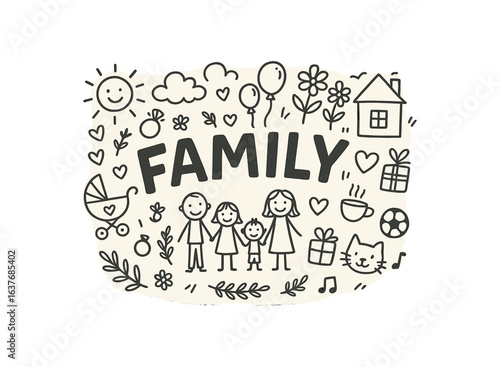 Cute doodle style illustration with large central word Family