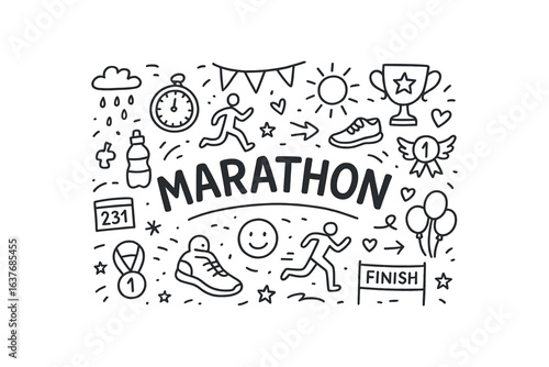 Cute doodle style illustration with large central word Marathon