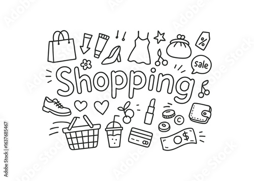 Cute doodle style illustration with large central word Shopping