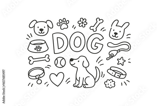 Cute doodle style illustration with large central word Dog
