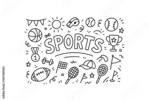 Cute doodle style illustration with large central word Sports