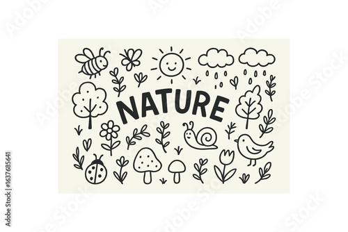 Cute doodle style illustration with large central word Nature