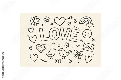 Cute doodle style illustration with large central word Love