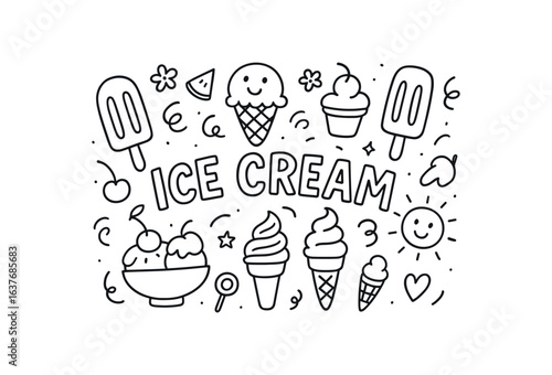 Cute doodle style illustration with large central word Ice Cream