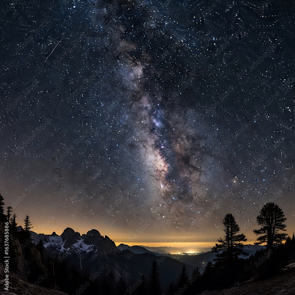 Fototapeta premium Majestic Milky Way Over Snowy Mountain Peaks at Night with Shooting Star