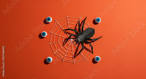 Minimalist Halloween Flat Lay with Spiderweb, Paper Spider, and Blue Eyeballs on Orange Background