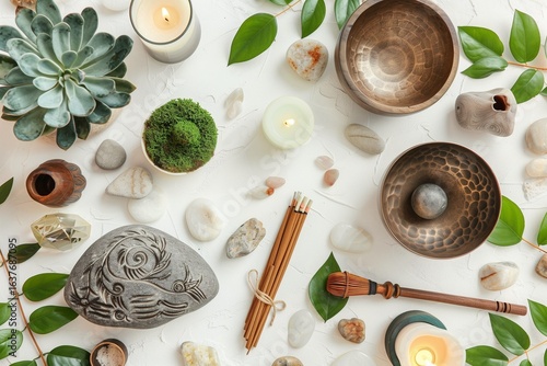 Wallpaper Mural Top-down flat lay of zen meditation altar, incense, candle, singing bowl, soft white background, spiritual wellness scene. Torontodigital.ca