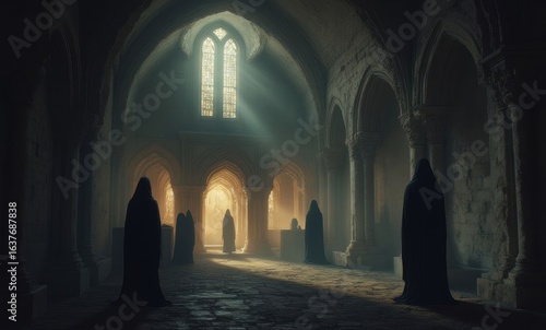 Mysterious hooded figures in a dimly lit, ancient stone hall.