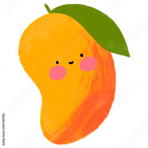 Hand drawn smiling mango isolated on white. Cute mango suitable for kids book, flashcard, nursery, design element, etc.