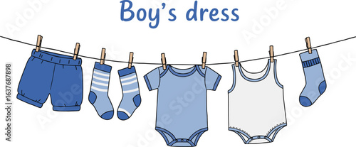 Boy clothing on clothesline, blue shorts, onesies, socks, outdoor drying, baby fashion, nursery decor, summer style
