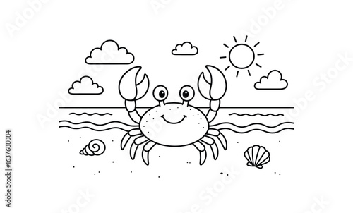 Crab on beach stroke illustration cute kids coloring book style. Fun and wholesome theme made for children