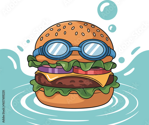 Funny Cartoon Burger with Swimming Goggles in Water Vector Design, Transparent Background.