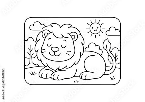Lion resting stroke illustration cute kids coloring book style. Fun and wholesome theme made for children