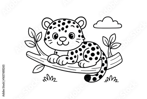 Leopard on tree branch stroke illustration cute kids coloring book style. Fun and wholesome theme made for children