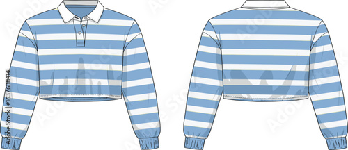 Cropped polo shirt design, striped pattern, long sleeves, white collar, fashion flat, front back view