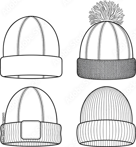 hat, beanie, winter, fashion, sketch, design, flat, ribbed, pompom, patch, brim, warm, clothing, illustration, accessory