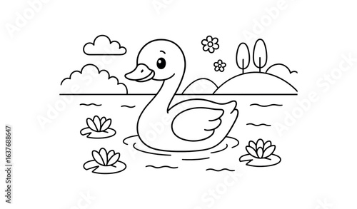 Swan on lake stroke illustration cute kids coloring book style. Fun and wholesome theme made for children