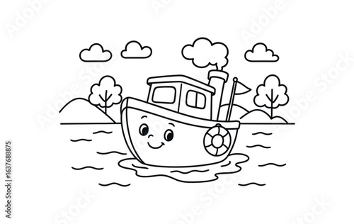 Boat on lake stroke illustration cute kids coloring book style. Fun and wholesome theme made for children