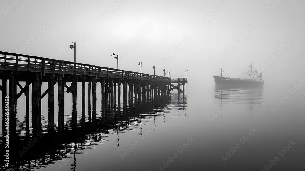 Fototapeta premium Wooden pier extends into a foggy harbor.