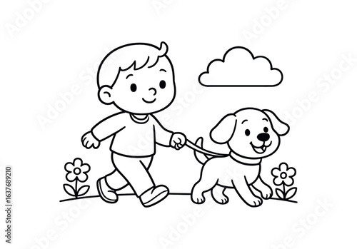 Pet dog walking stroke illustration cute kids coloring book style. Fun and wholesome theme made for children