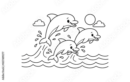 Dolphins jumping stroke illustration cute kids coloring book style. Fun and wholesome theme made for children