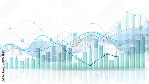 Abstract financial data analysis with multiple line graphs and bar charts, showing trends and growth, isolated on transparent background