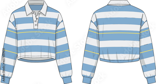 Striped cropped rugby shirt, front and back view, long sleeves, blue white yellow, casual fashion