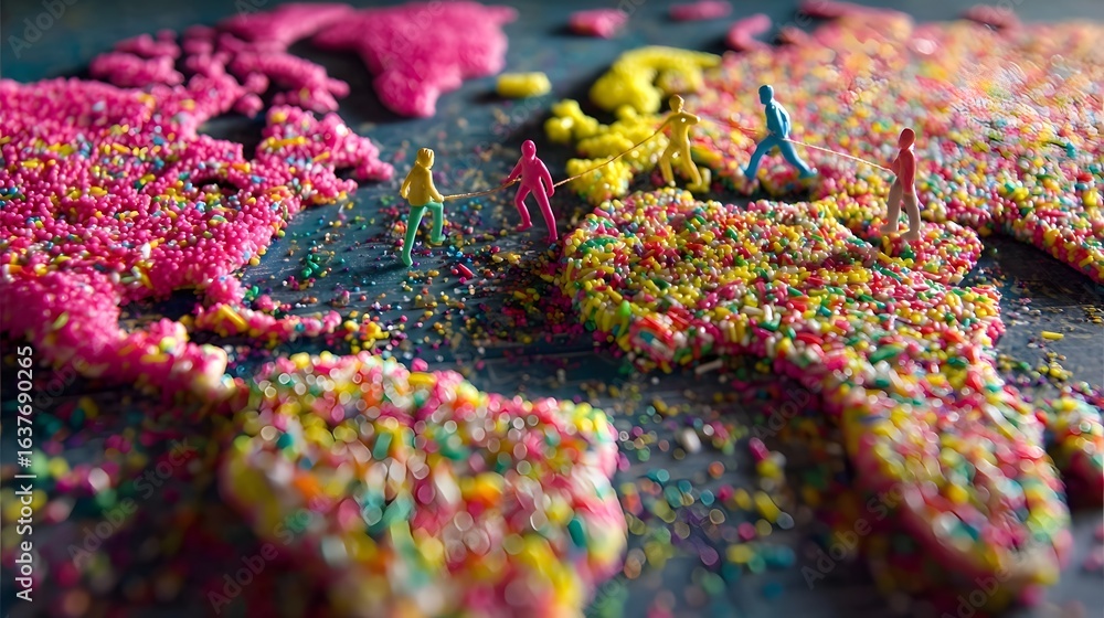 Obraz premium Colorful world map composed of sprinkles with tiny figures.
