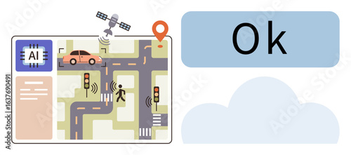 AI management of traffic with satellite, cars, pedestrians, road sensors, and navigation data. Ideal for urban planning, automation, AI design technology innovation transportation smart cities. A