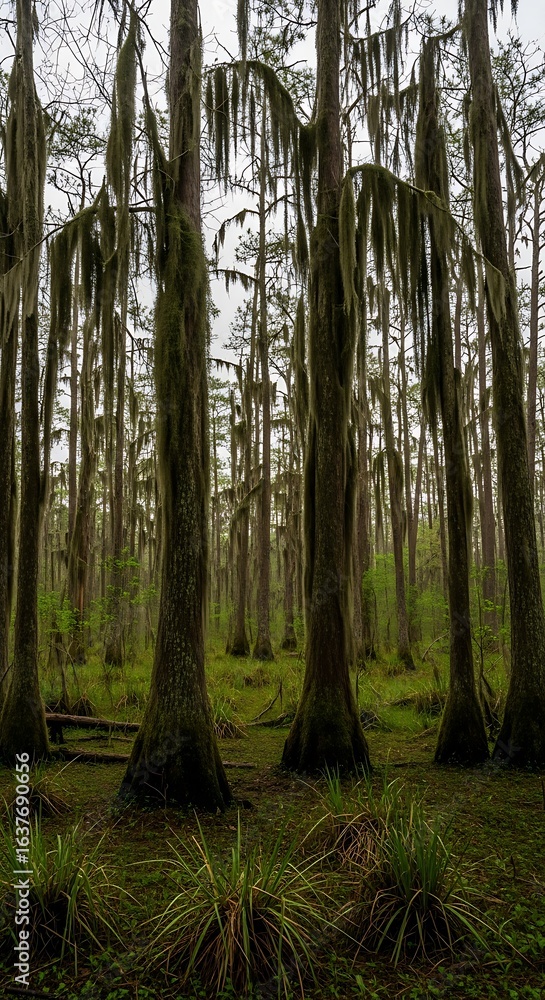 Naklejka premium Eerie Cypress Swamp: Moss-Draped Trees and Lush Greenery in Overcast Setting