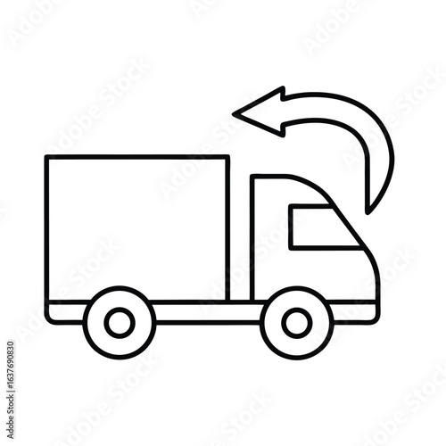 reverse delivery truck icon, outline vector of logistics vehicle with backward arrow for return shipping, reverse logistics, and product recovery systems