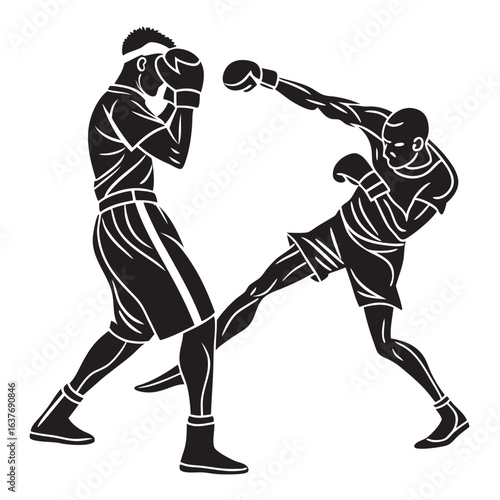 Dynamic Martial Arts Sparring Illustration Two Fighters Engaging in a Kickboxing Match with Bold Lines and Striking Black and White Contrast