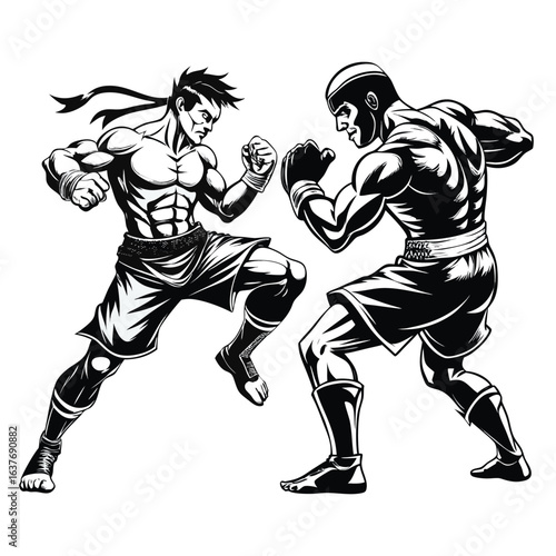 Dynamic Muay Thai Showdown A High Contrast Illustration of Two Skilled Fighters in a Dramatic Stance Ready to Strike