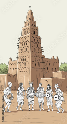 A cultural gathering featuring individuals playing instruments in front of a unique architecture