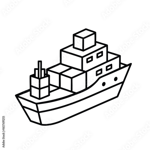 sea shipping icon, outline vector of cargo ship with ocean waves for maritime logistics, global freight, and import-export platforms