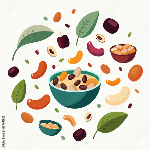 Minimalistic Vector of Various Beans in Bowls and Scattered, Isolated on White