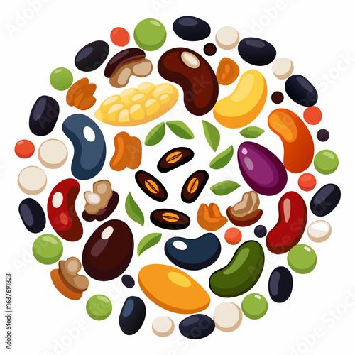 Colorful Dry Beans Assortment on White Background, Isolated Legumes Vector