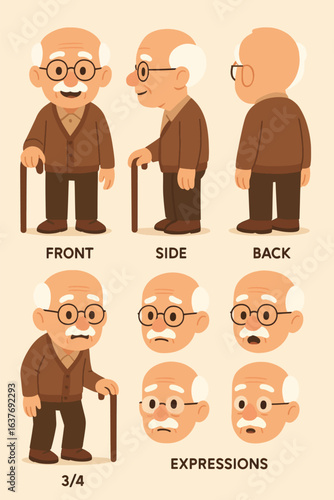 Elderly Gentleman Character Design and Expressions