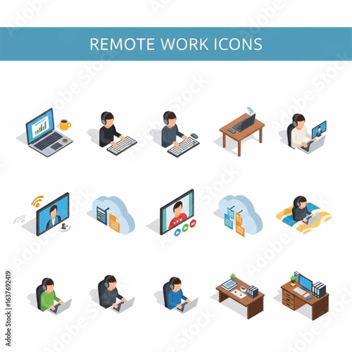 set of isometric flat vector remote working icons