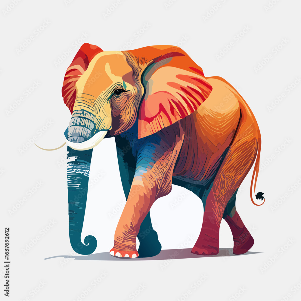 Obraz premium Vibrant Elephant Artwork: An artistic representation of an elephant, rendered in bold, eye-catching colors, and captures the essence of the majestic creature. 