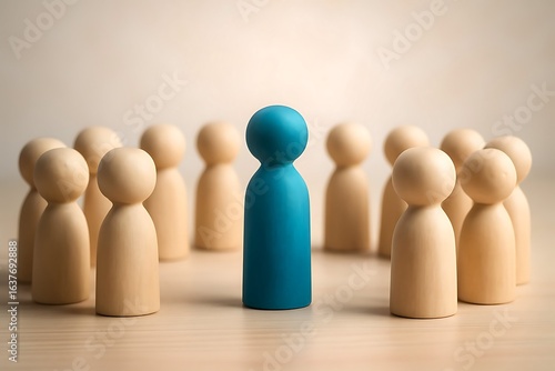 One Blue Figure Standing Out Among a Group of Wooden Figures – Representing Individuality and Leadership